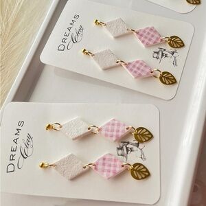 Pink & White Gingham Drop Earrings with Gold Leaf Charm